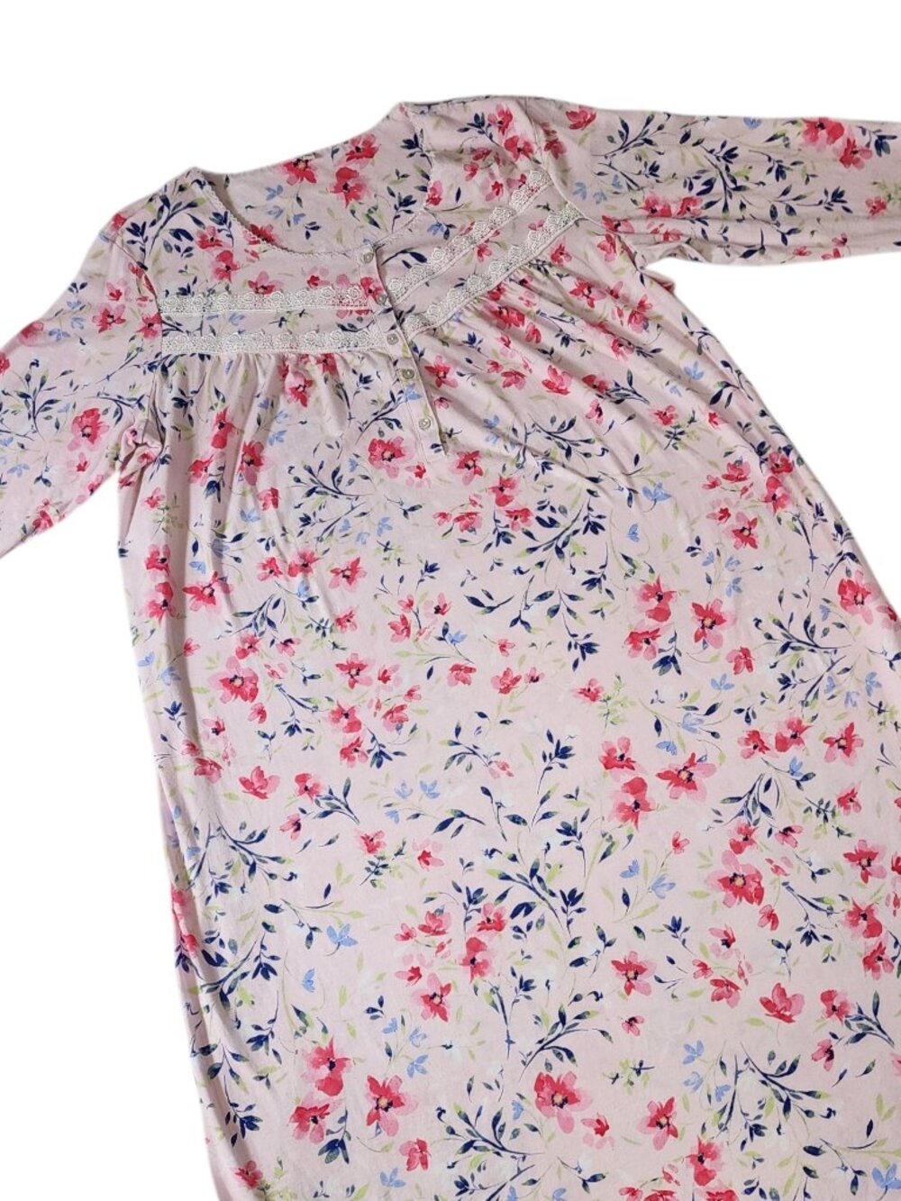 Vintage Style Floral Lace Knit Nightgown Pink XL 100% Cotton Long Sleeve Henley